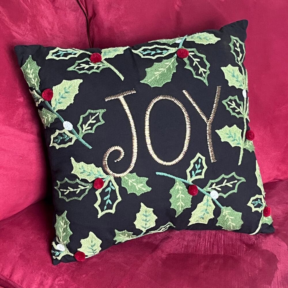Pier 1 Holiday Accent Pillow 'JOY' Holly Leaves Berries Embroidered Christmas
